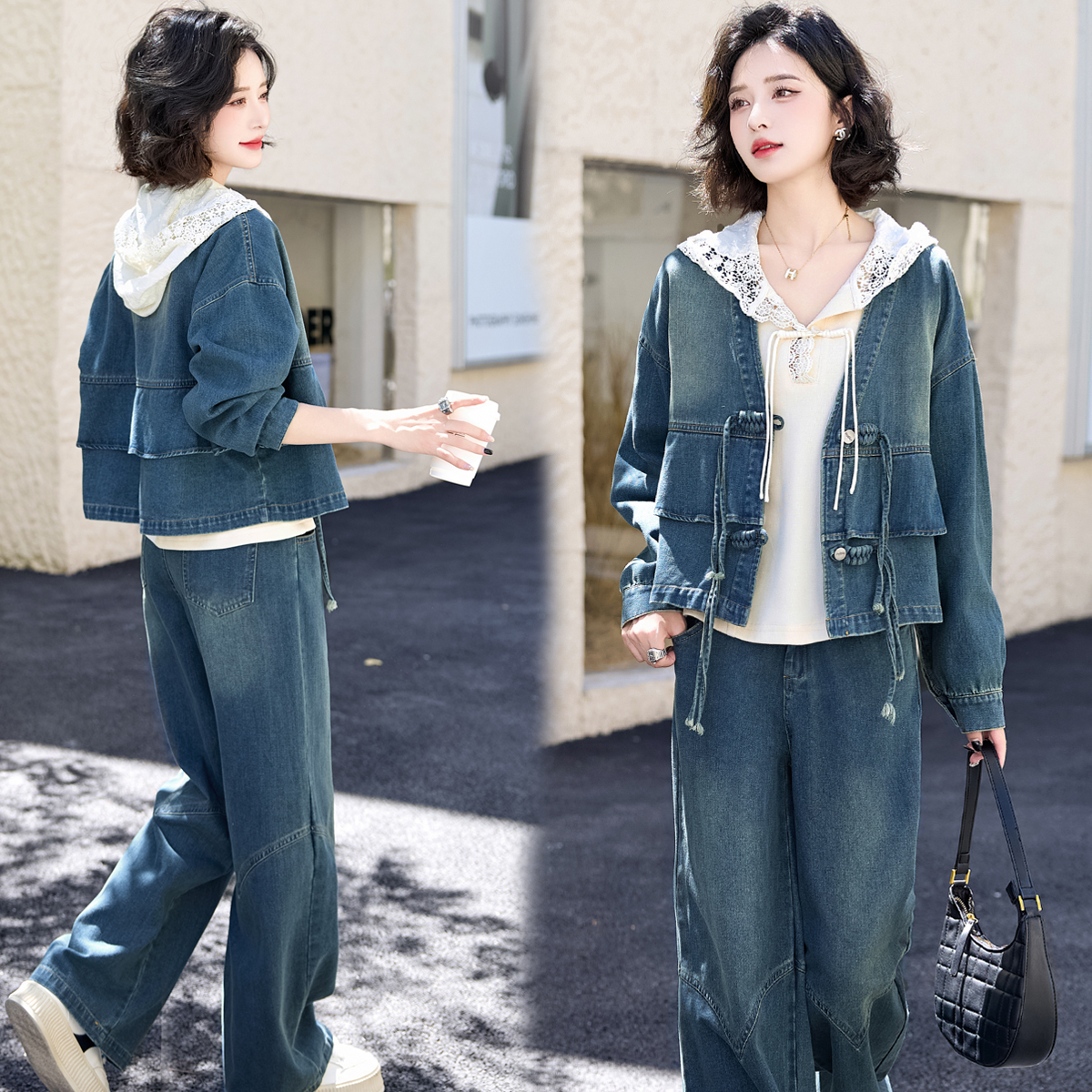 新中式欧货牛仔套装女2025春秋季新款高级感休闲时尚阔腿裤三件套