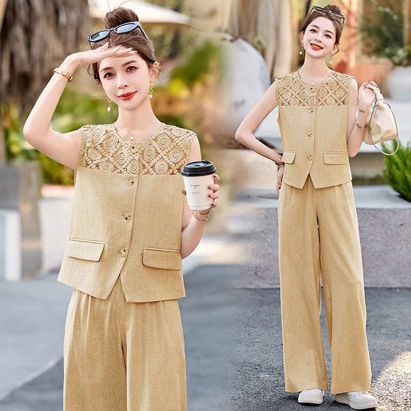 镂空无袖马甲阔腿裤套装女2025春夏新款气质穿搭一整套长裤两件套