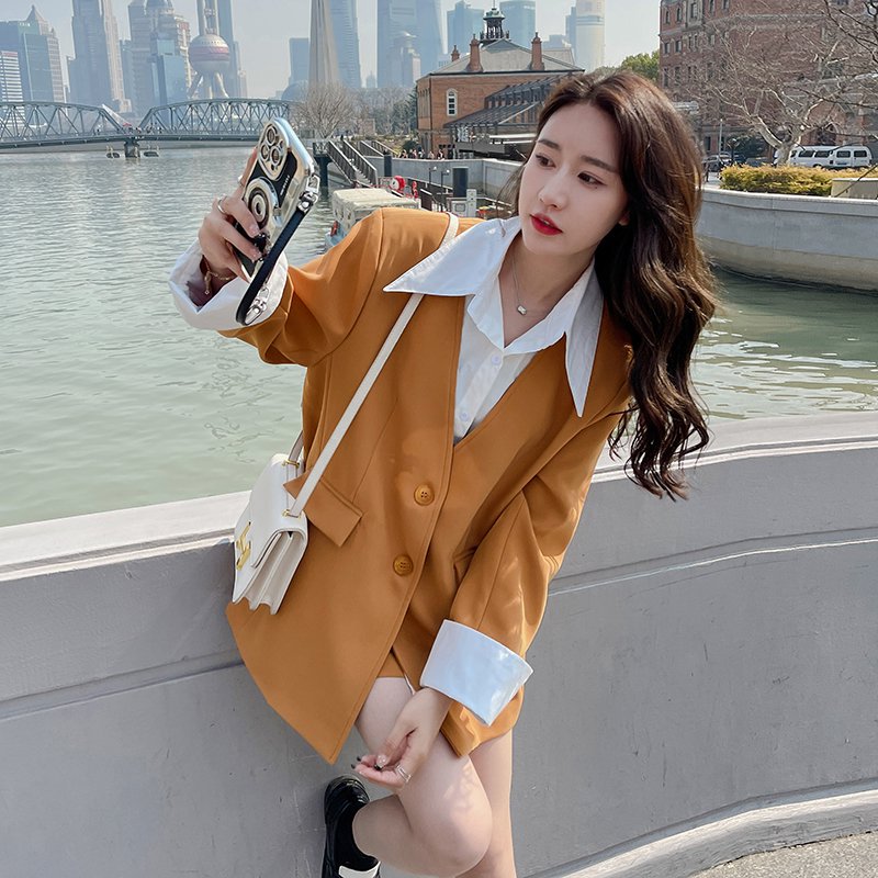 时尚计感假两件西服套装女2025春秋季韩系小西装半身裙两件套裙裤