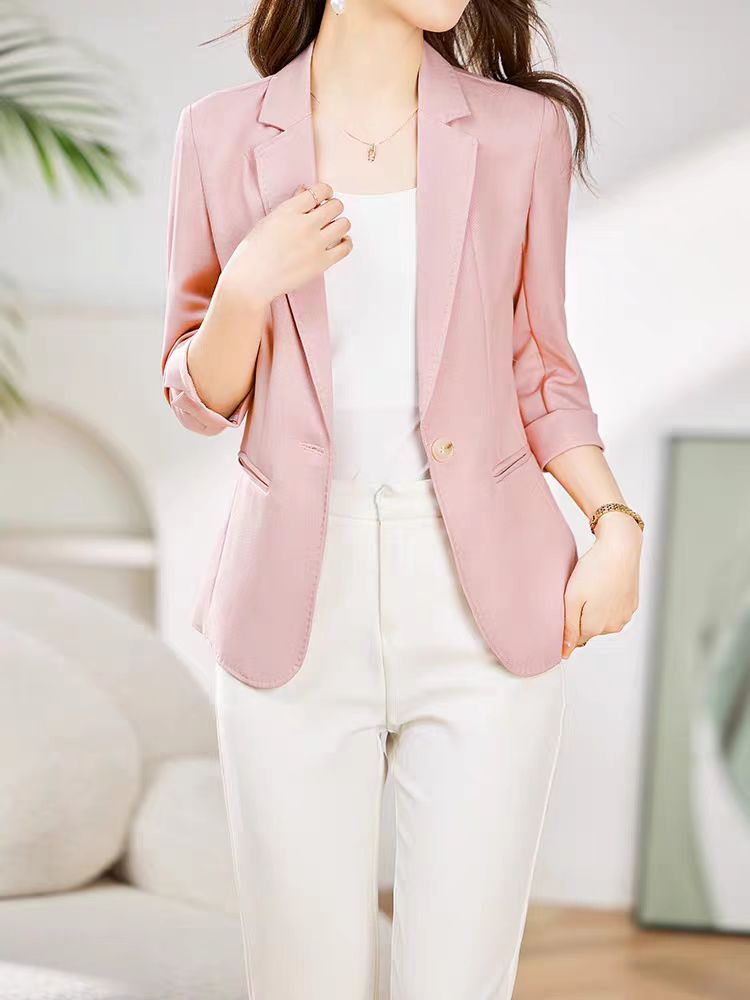 2025新款春夏季粉色女式小西装外套气质女装短款设计感七分袖西服