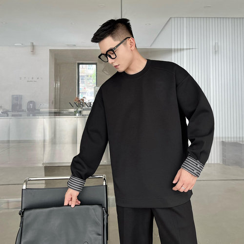 二十二号穿搭【黑色出差日】设计师款假两件长袖t恤男内搭打底衫