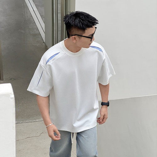 二十二号穿搭【江南阔少】条纹解构拼接设计款夏季百搭T恤短袖男