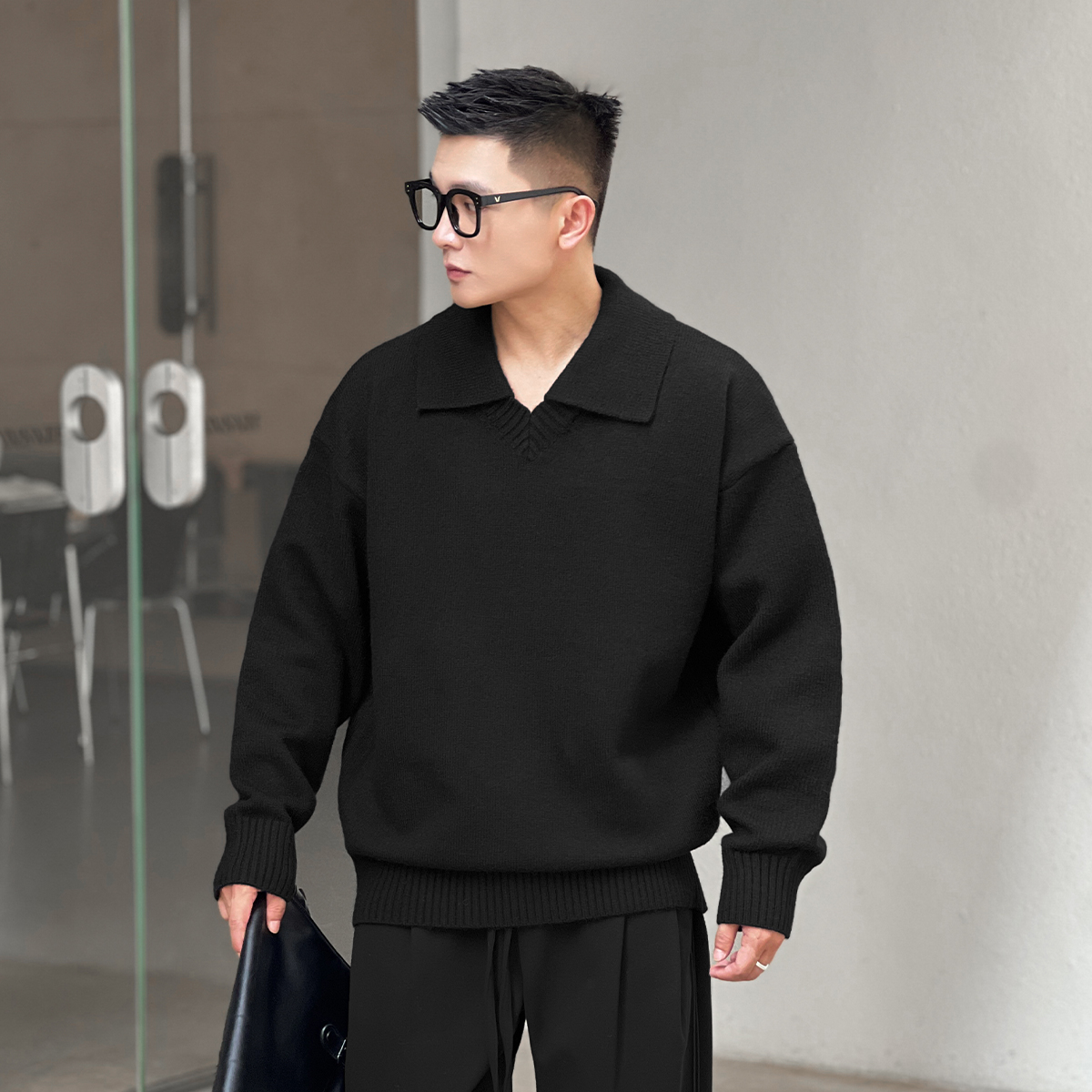二十二号穿搭“细腻绒感”老钱风大翻领保暖毛衣男冬季内搭针织衫