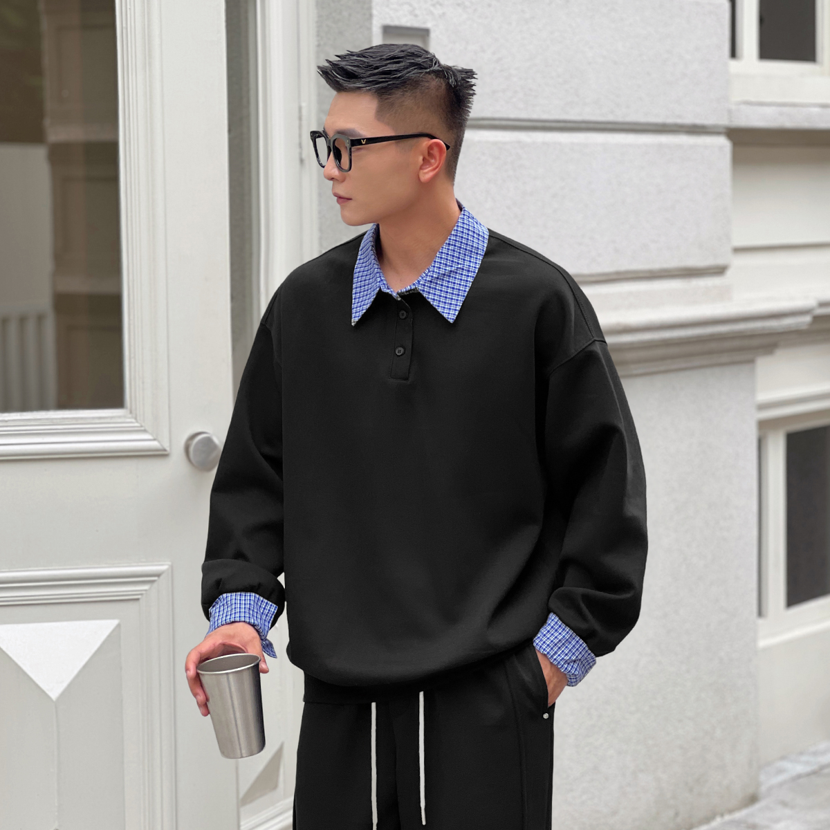 二十二号穿搭秋季假两件衬衫领卫衣男士高级感千鸟格百搭长袖上衣