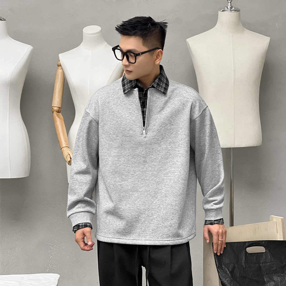 二十二号穿搭重磅假两件半拉链保暖卫衣冬季男翻领长袖内搭打底衫