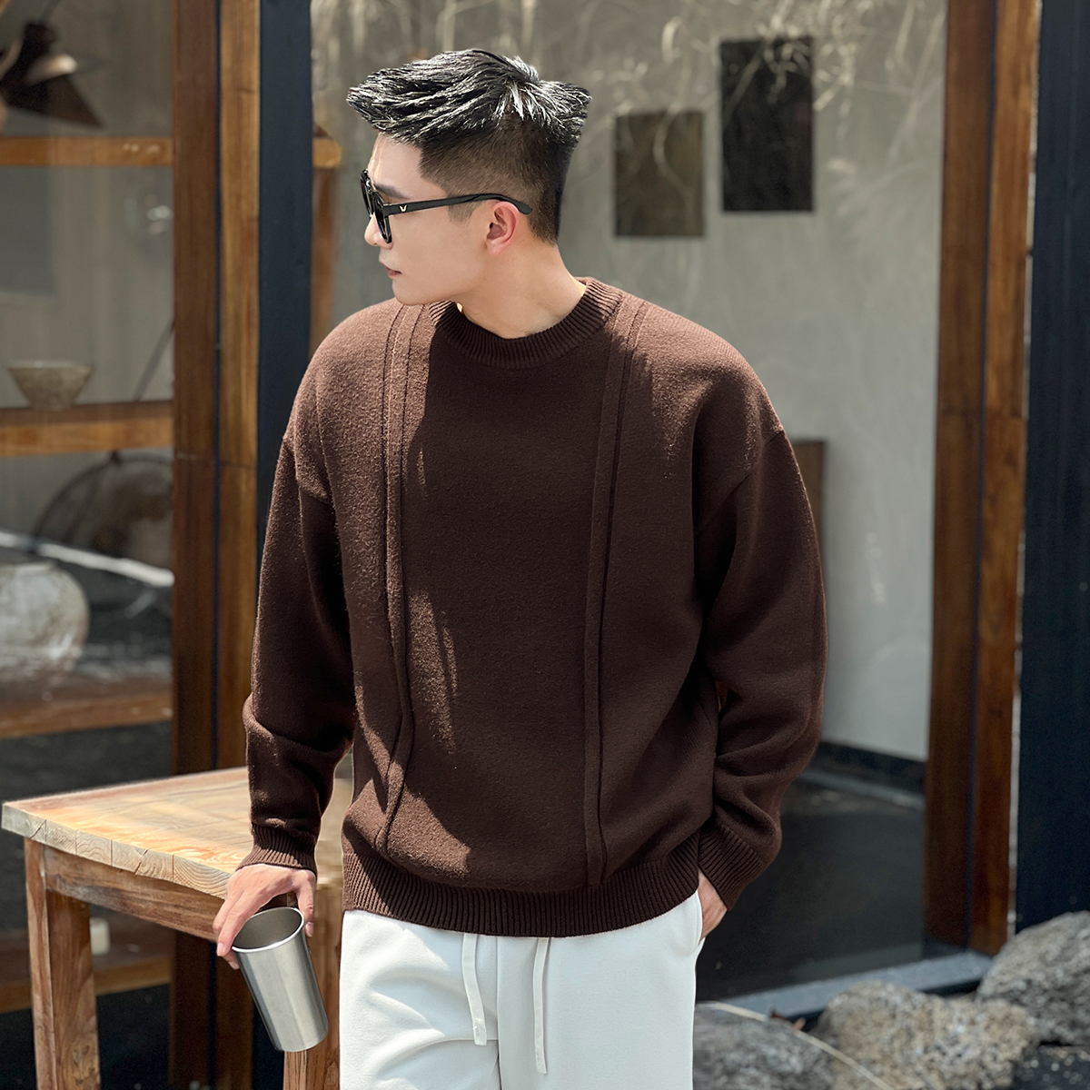 二十二号穿搭秋冬重磅加厚保暖毛衣男士高级感坑条设计圆领针织衫