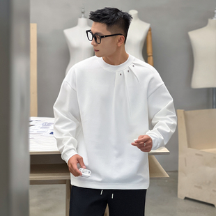 t恤男高级感圆领内搭打底衫 二十二号穿搭小众压褶设计款 秋冬长袖