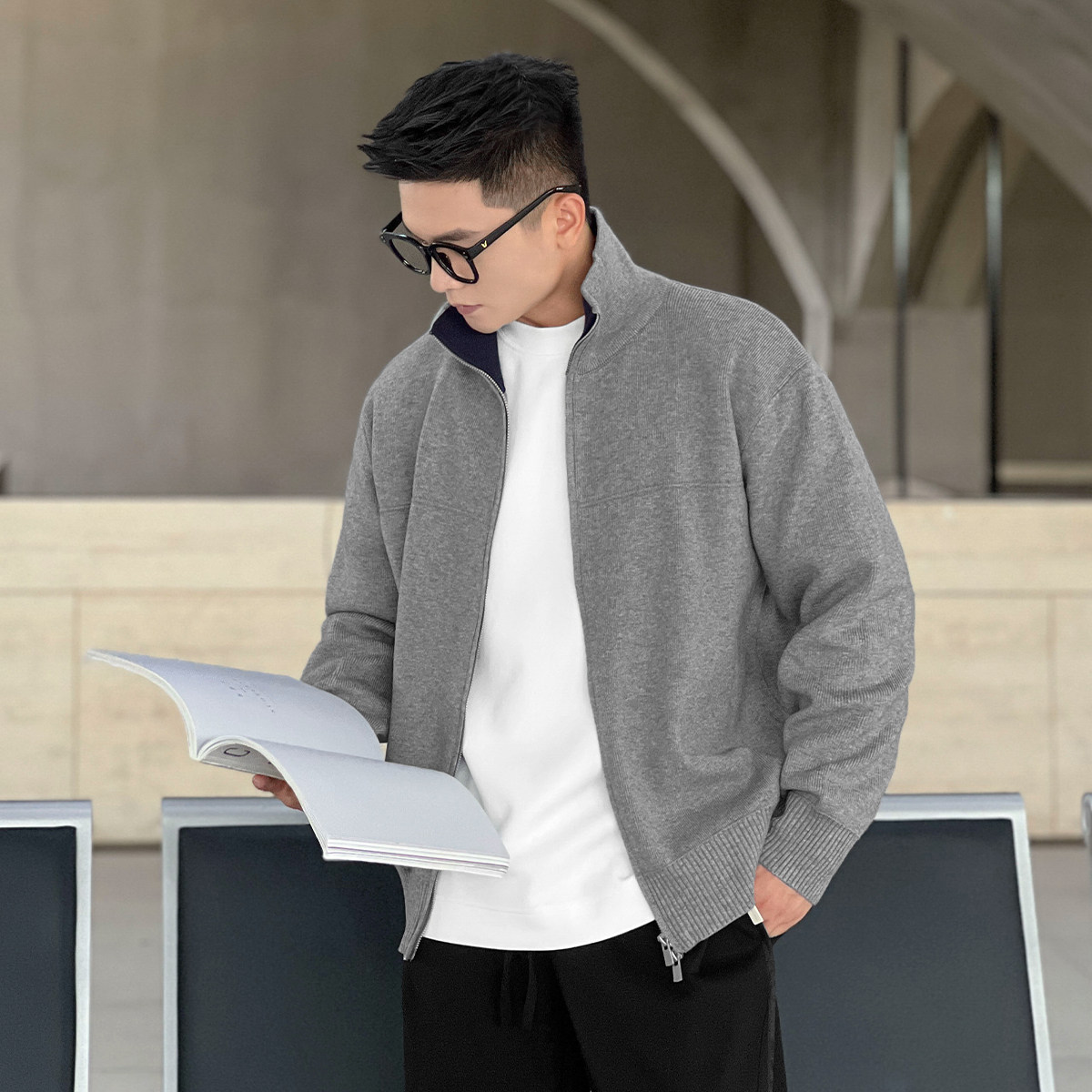 二十二号穿搭高级感开衫立领针织衫男士秋冬痞帅cleanfit毛衣外套