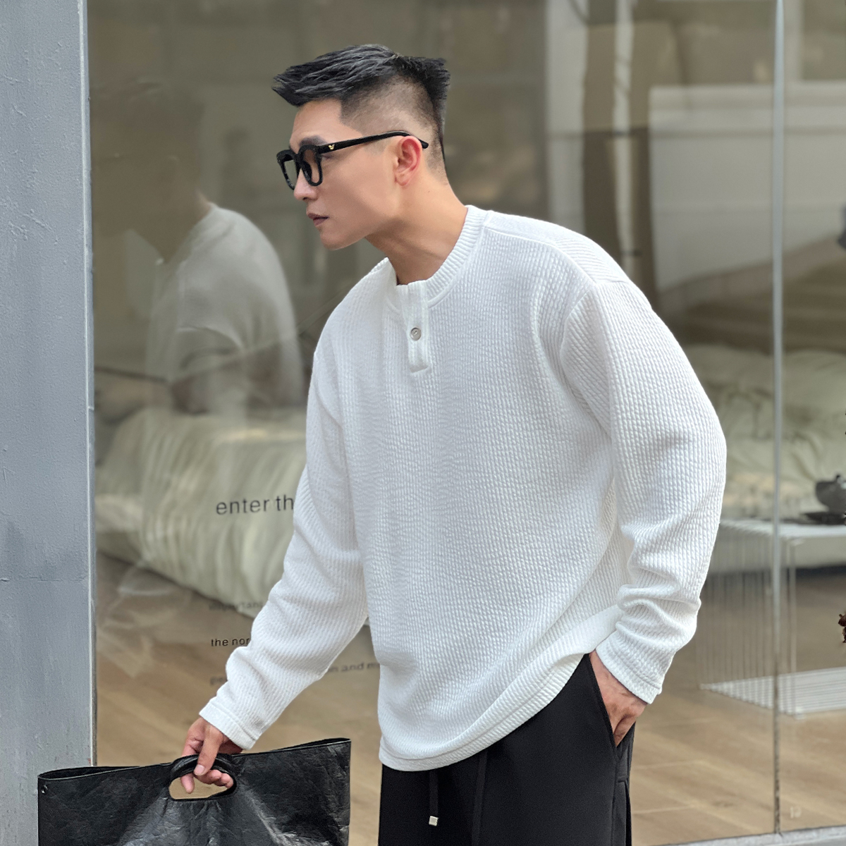 二十二号穿搭新贵亨利领长袖老钱风肌理感秋季打底衫男士内搭上衣