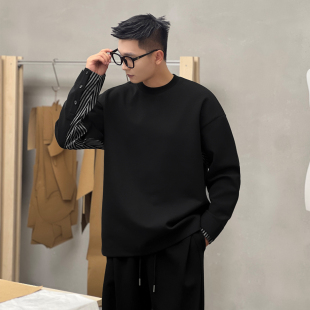 休闲圆领内搭打底衫 二十二号穿搭高级感假两件拼接长袖 t恤男春季