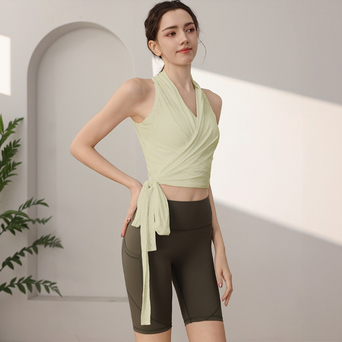 无袖修身健身罩衫个性侧面系带瑜伽背心轻薄普拉提上衣运动上衣女