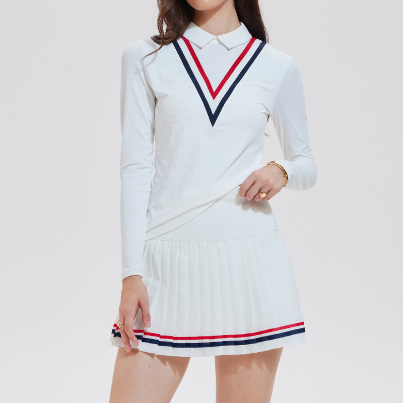 长袖运动套装英伦风健身长袖高腰收腹百褶裙网球裙套装羽毛球套装