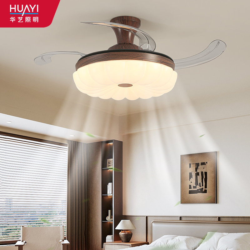 华艺照明风扇灯新款中古奶油风卧室餐厅灯扇两用静音隐形护眼灯