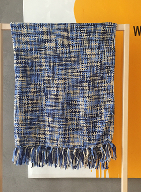 【Neta】美国单 交叉蓝黄针织毯 北欧休闲午休盖毯 混色流苏毯