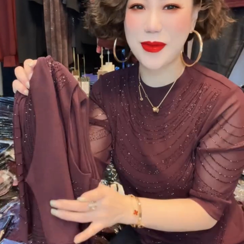 圆领五分袖烫钻时尚设计感高弹上衣春夏新款洋气减龄中年大码女装