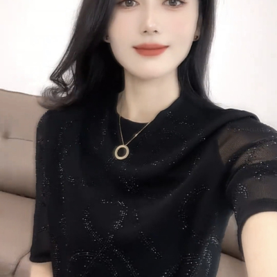 2025夏季新款时尚洋气百搭圆领五分袖打底小衫烫钻显瘦女上衣T恤