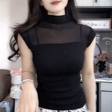 半高领网纱拼接小飞袖T恤女2025夏季新款黑色修身显瘦高级感上衣
