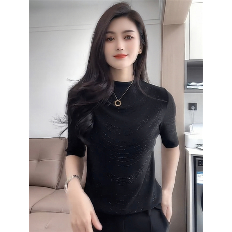 轻奢重工烫钻半高领中袖T恤女装2025新款气质高级感修身显瘦上衣