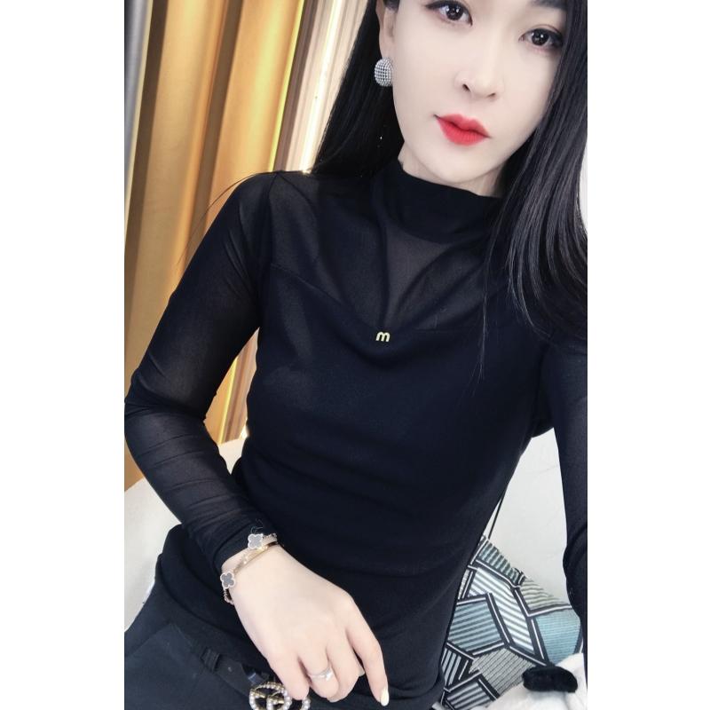 半高领网纱打底衫女春秋装2025新款欧货性感长袖T恤修身显瘦小衫