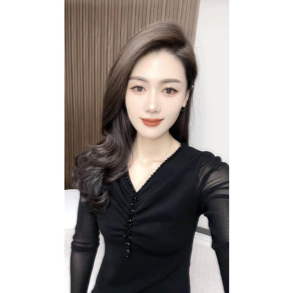 春夏V领长袖网纱t恤女打底衫洋气欧货上衣2026新款手工串珠内搭