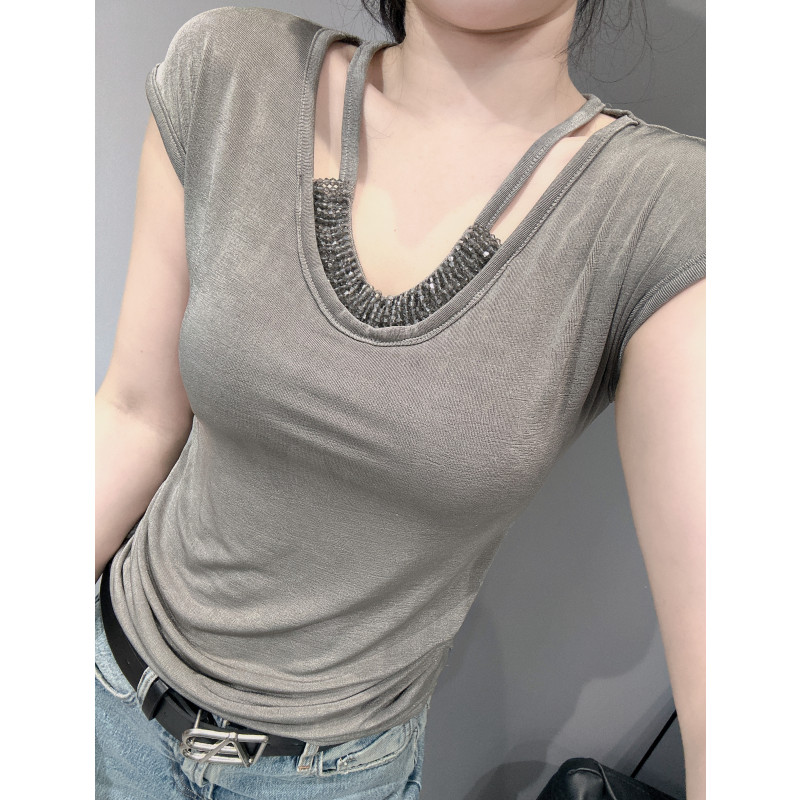 夏季挂脖V领镂空修身短袖T恤女