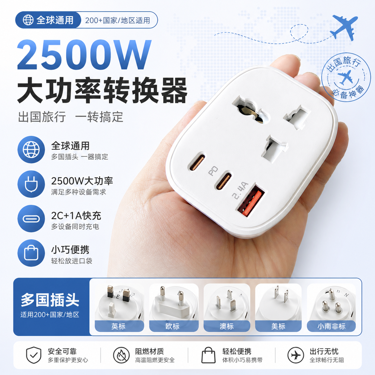 跨境出海旅行转换插头英美标欧标小南非欧式日本转换器PD无线插座