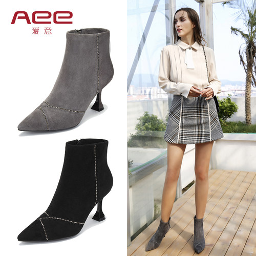 Aee尖头羊绒酒杯跟真皮时装靴