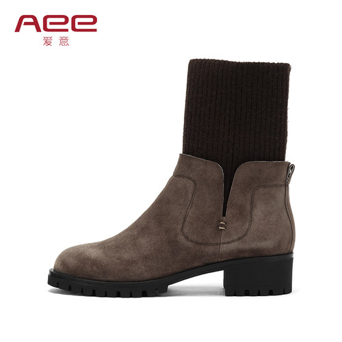 aee/爱意冬季新款拼接针织女短靴