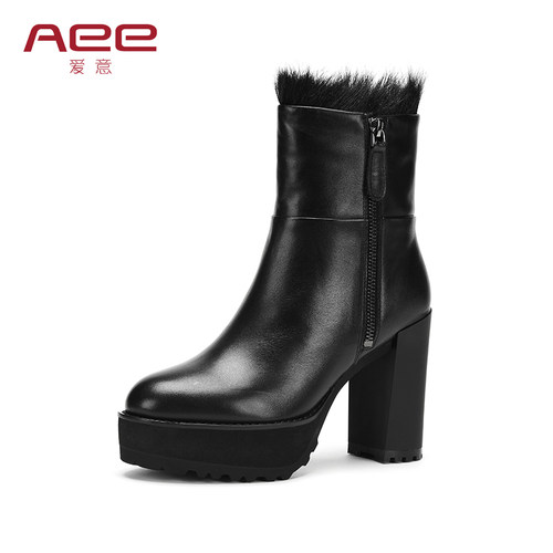 时尚防水台、毛毛装饰、头层革