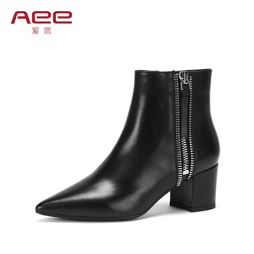 Aee时装靴个性帅气中跟牛皮短筒
