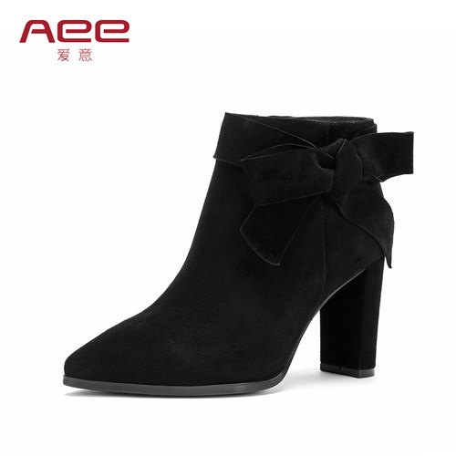 秋冬新款甜美蝴蝶结尖头短靴