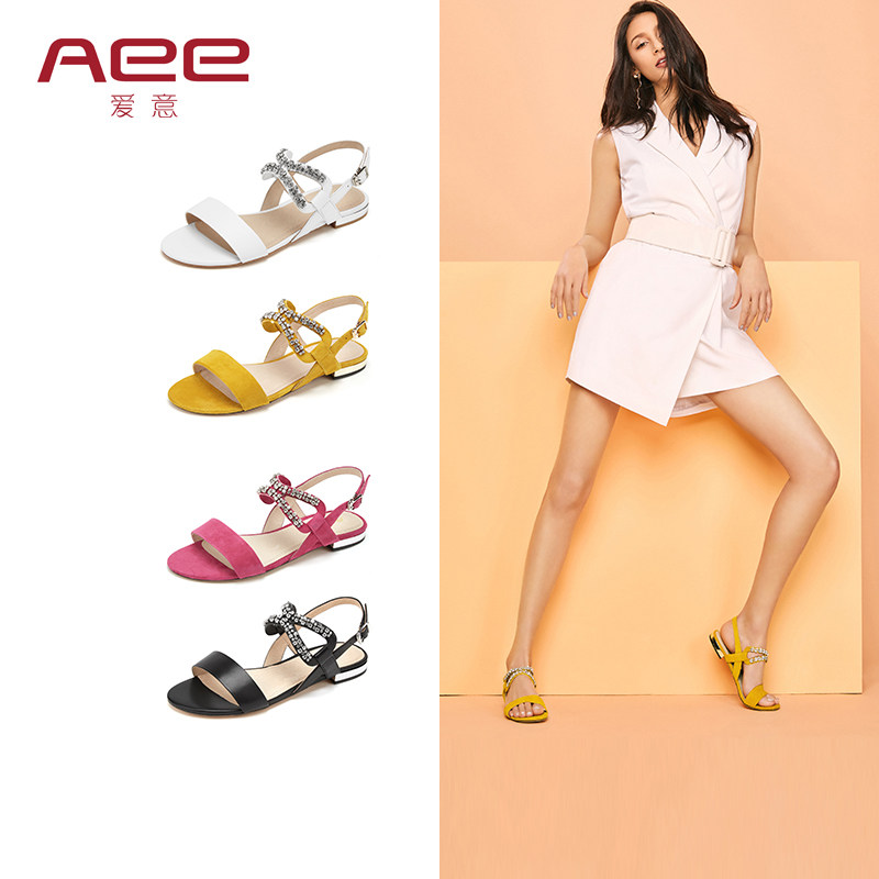 aee爱意女鞋夏新款配裙子的凉鞋女一字带牛皮低跟舒适平底鞋