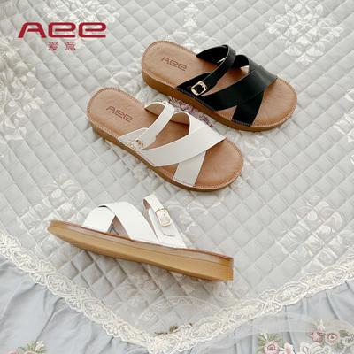Aee/爱意2025夏季新款外穿平底一字拖舒适软牛皮牛筋底凉拖鞋女
