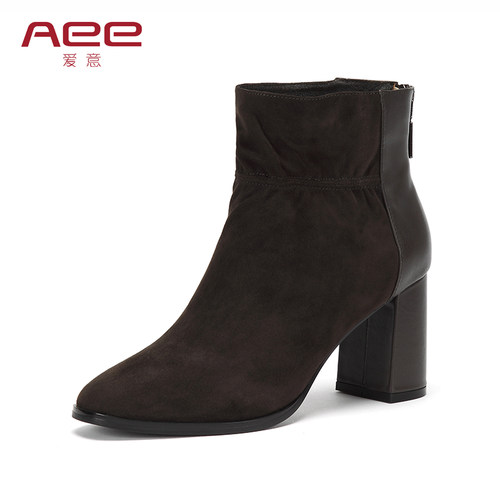 Aee短靴休闲褶皱拼接黑色女士