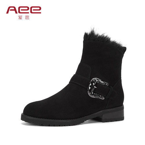 Aee加厚防滑显瘦圆头低跟短靴