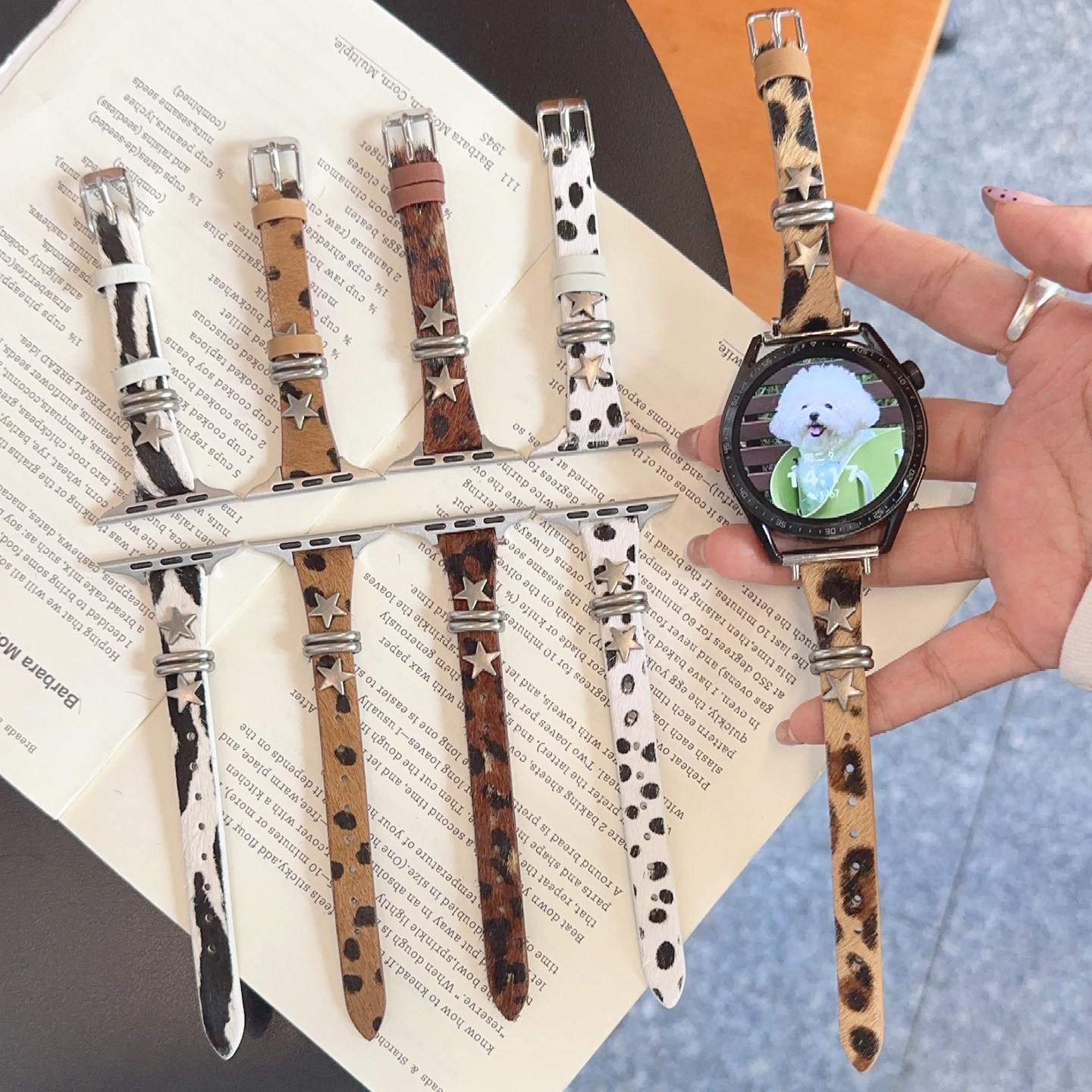 豹纹马毛波点星星皮革细款GT6适用华为GT5手表watch4苹果S11表带9