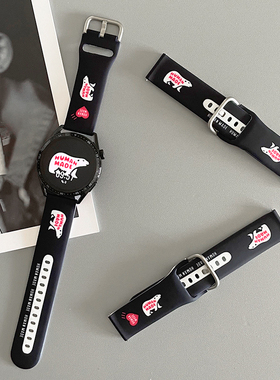 潮牌北极熊human黑色硅胶适用gt2华为手表运动GT3表带watch4pro女