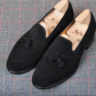 JIMJUN 定制 黑色反绒皮一脚蹬 Tassel loafer 乐福鞋手工男皮鞋
