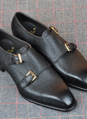 JIMJUN 手工定制  窄方双搭扣 MONK 黑色Westminster商务皮鞋男鞋