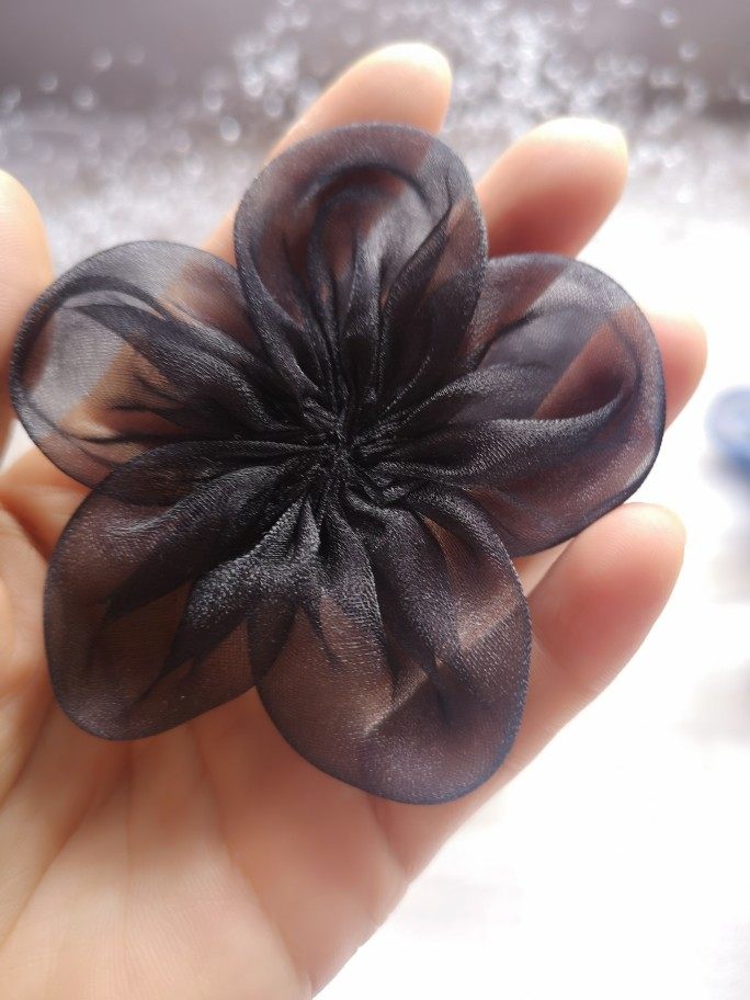 diy雪纱手缝花8cm大纱花饰品网红配饰手工花朵鞋帽头饰黑色五瓣花