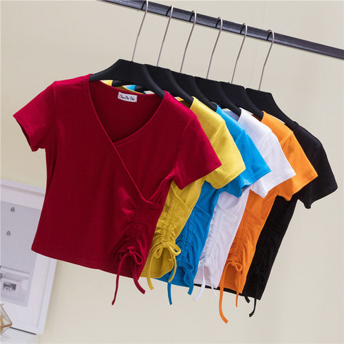 露脐t恤女短袖短款V领高腰上衣