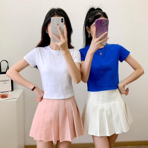 短袖简约薄短款露脐精梳棉女T恤