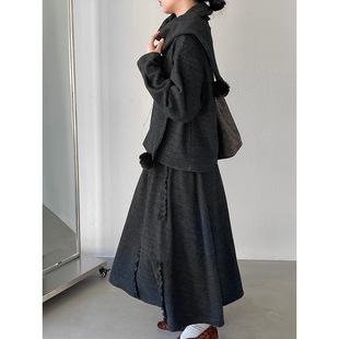 江左减龄感感复古感木耳边加绒套装开衫圆领长袖卫衣半身裙Y25365