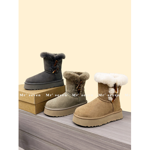中筒厚底两穿靴子增高保暖棉鞋 时尚 冬季 2024新款 牛角扣雪地靴女款