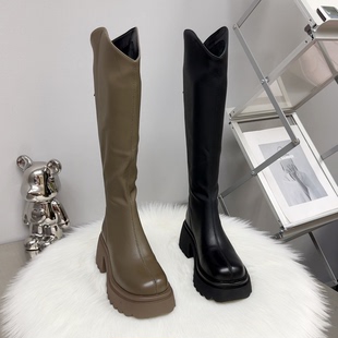 骑士靴女2025年真皮长筒靴马蹄跟高筒女靴增高厚底长靴后拉链皮靴