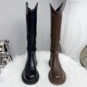 薄底显瘦长筒骑士靴女2025年冬季 高筒靴V口长靴 胖妹妹加肥加大码