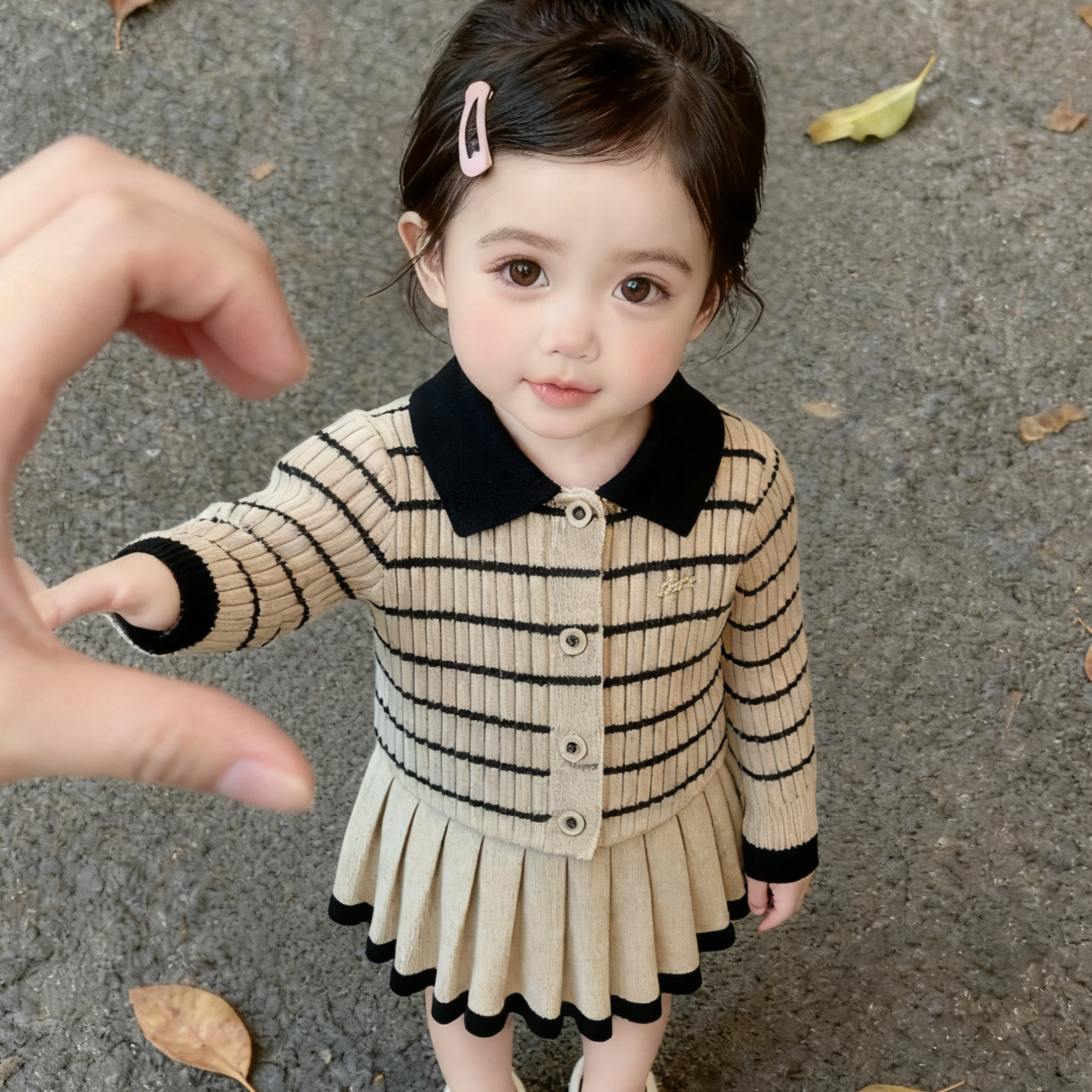 女童秋冬条纹针织上衣百褶裙套装