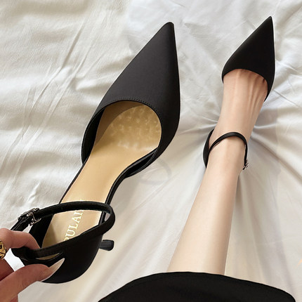 法式高级感凉鞋女真软皮高跟鞋春夏黑色2025新款单鞋大码加宽41