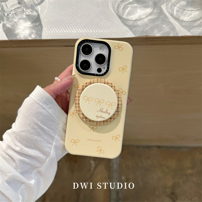 奶黄蝴蝶结磁吸支架手机壳