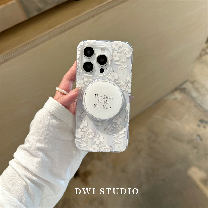 高级感白色碎花磁吸支架手机壳